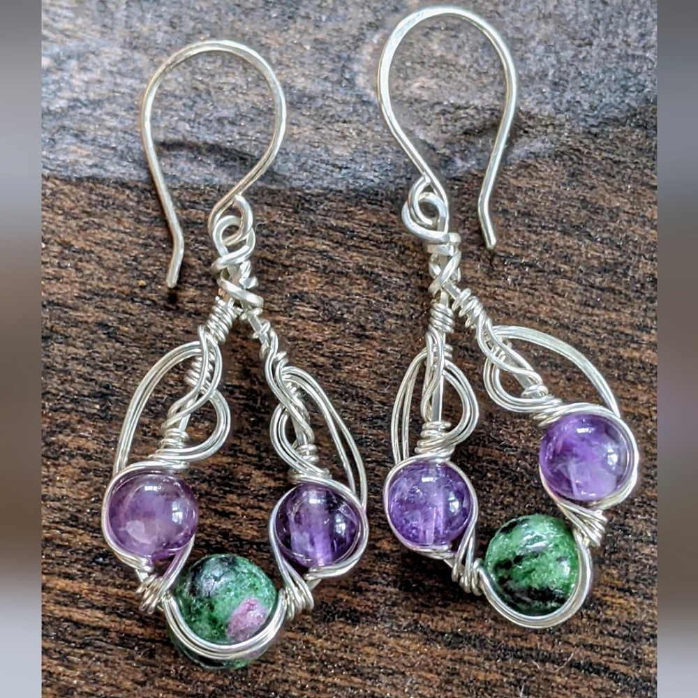 Artisanal Sterling Silver Earrings Amethyst And Ruby Zoisite Gemstones - Picture 5 of 11